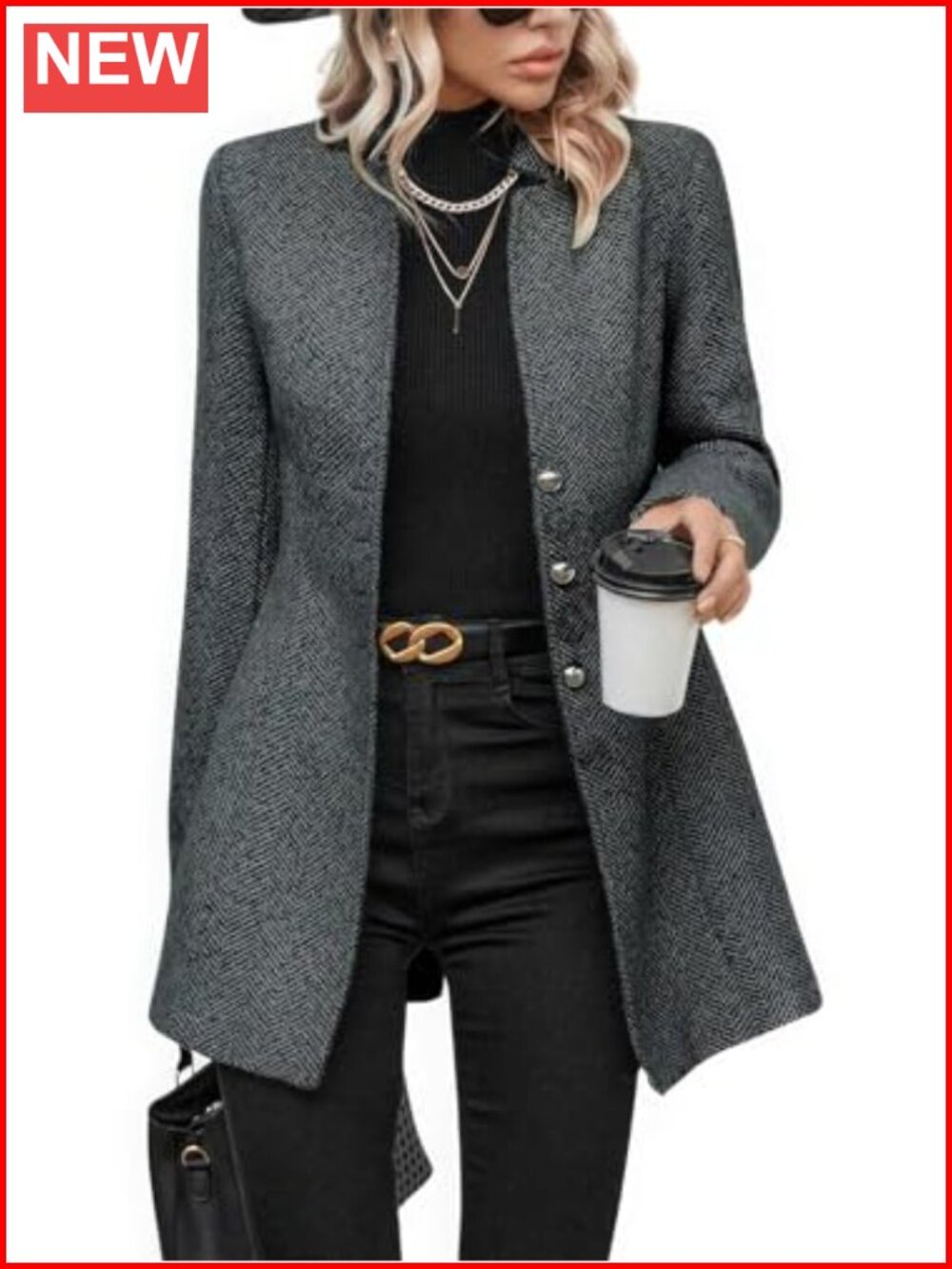 Women's Herringbone Wool Blend Blazer Jacket Notched Collar Button Down